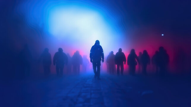 Fototapeta Red-blue police flasher, siluets of rioting people. Generative AI