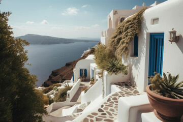 Cozy mediterranean street. Modern white elegant greek house exterior with sea view, blue door and blooming plant climbing a wall. Traditional villa of Santorini. Generative AI, human enhanced