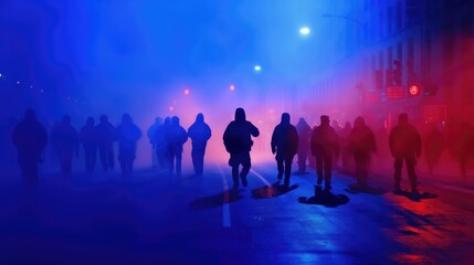 Naklejka premium Red-blue police flasher, siluets of rioting people. Generative AI