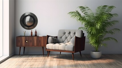 Modern Luxury Living Room Interior with Gray Marble Staircase, Tempered Glass Panel, Black Steel Handrail, Sunlit Beige Walls, and Sofa on Granite Floor  3D Background - ai generated