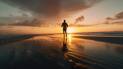 person running on the beach at sunset