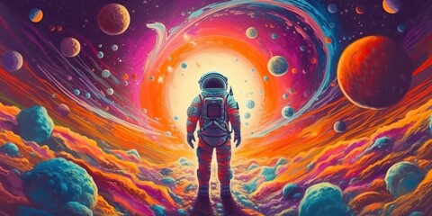 AI Generated. AI Generative. Space galaxy universe astronaut cosmos walk in planet surface. psychedelic synthwave style. Graphic Art