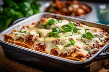 traditional lasagna served in a white casserole dish - obrazy, fototapety, plakaty