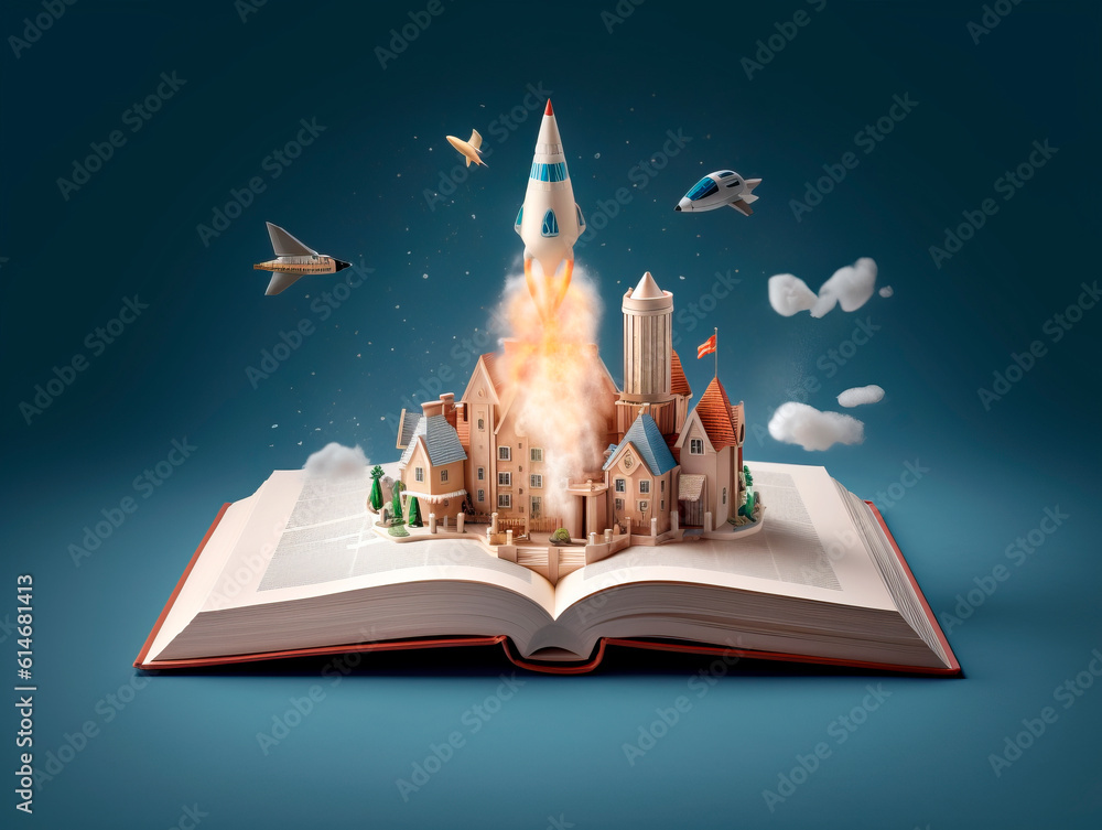 Aufkleber Rocket starts from open book. Spaceship launch from dictionary. Concept of a successful start up of a business. and education. Creative idea. Ai Generative illustration