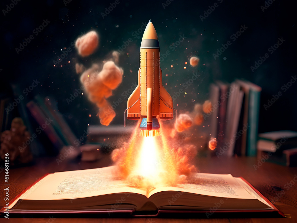 Poster Rocket starts from open book. Spaceship launch from dictionary. Concept of a successful start up of a business. and education. Creative idea. Ai Generative illustration