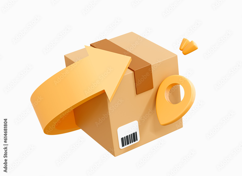 Aufkleber 3d cardboard box with arrow and pin location. order return concept. parcel is packed in recyclable c
