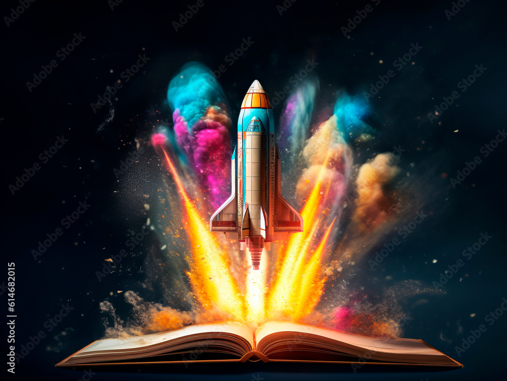 Poster Rocket starts from open book. Spaceship launch from dictionary. Concept of a successful start up of a business. and education. Creative idea. Ai Generative illustration