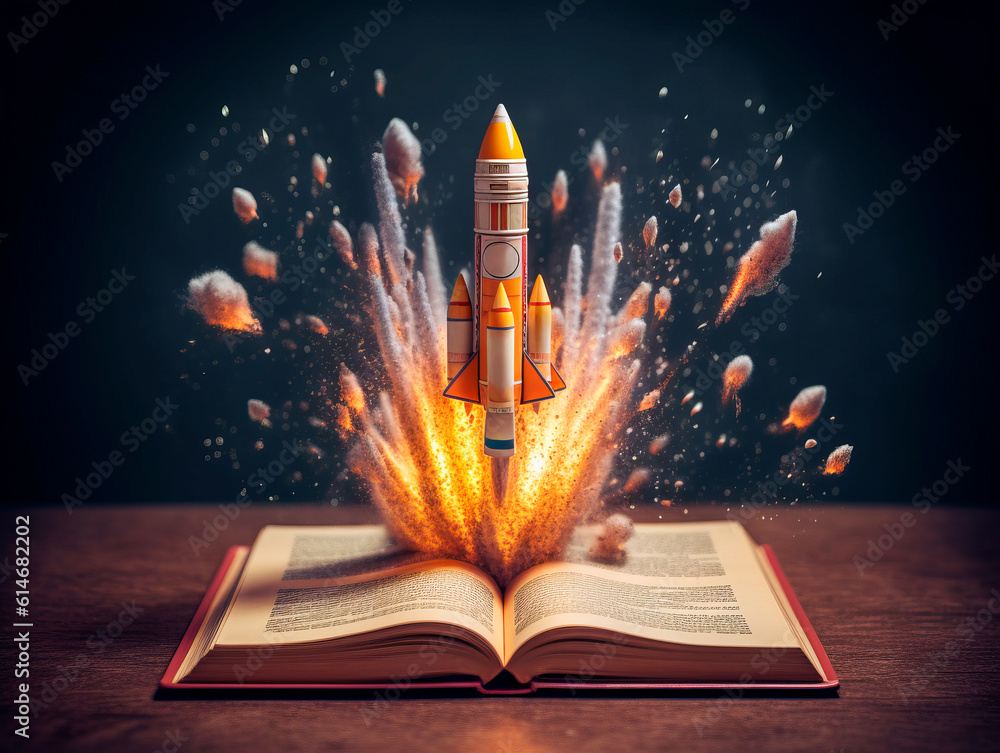 Poster Rocket starts from open book. Spaceship launch from dictionary. Concept of a successful start up of a business. and education. Creative idea. Ai Generative illustration