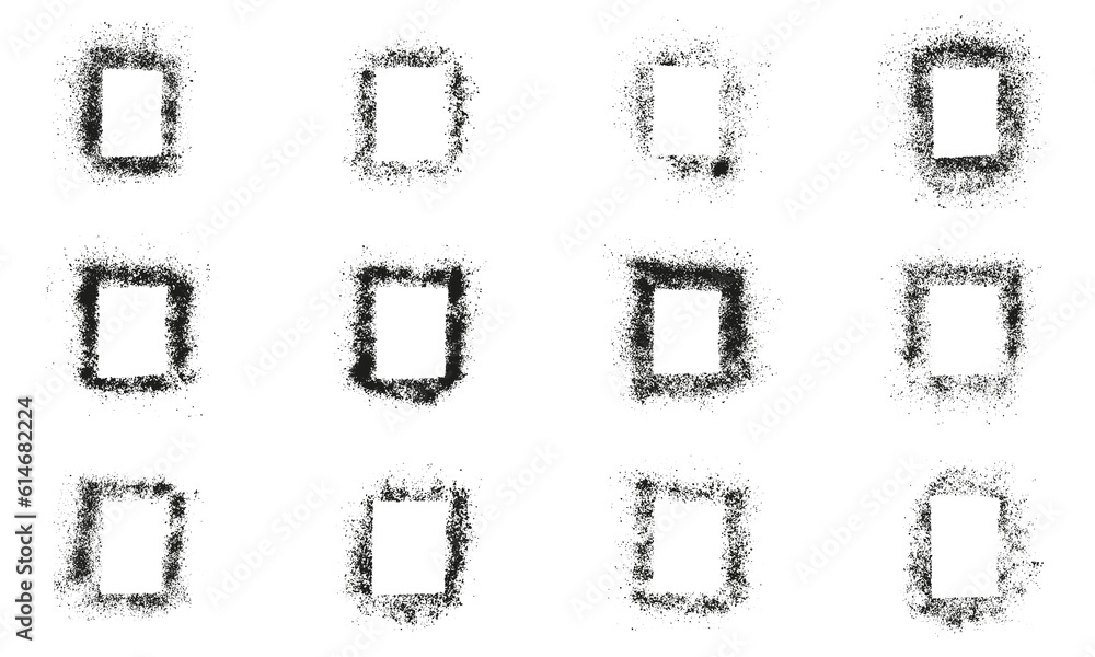 Poster square spray frame set. black grunge border with grainy texture collection. paint brush grain in rec