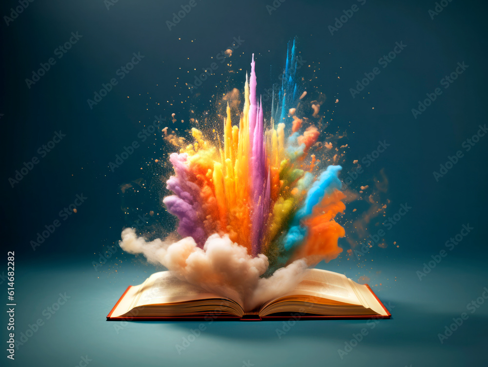 Poster colorful explosion splash from open book. concept of a successful start up of a business. and educat