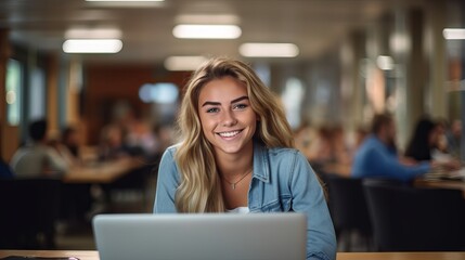 portrait of a female student in a library - empowering education: beautiful high school girl engaged with laptop in classroom - education and school concept, Generative AI