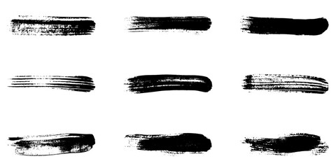Line Paint Brush Stroke, Grunge Texture. Dirty Ink Paintbrush Banner Set. Grungy Black Abstract Background, Brushstroke Graphic Element Collection. Isolated Vector Illustration