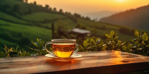 AI Generated. AI Generative. Cup of green tea with field green plantation mountain background scene. Graphic Art - obrazy, fototapety, plakaty