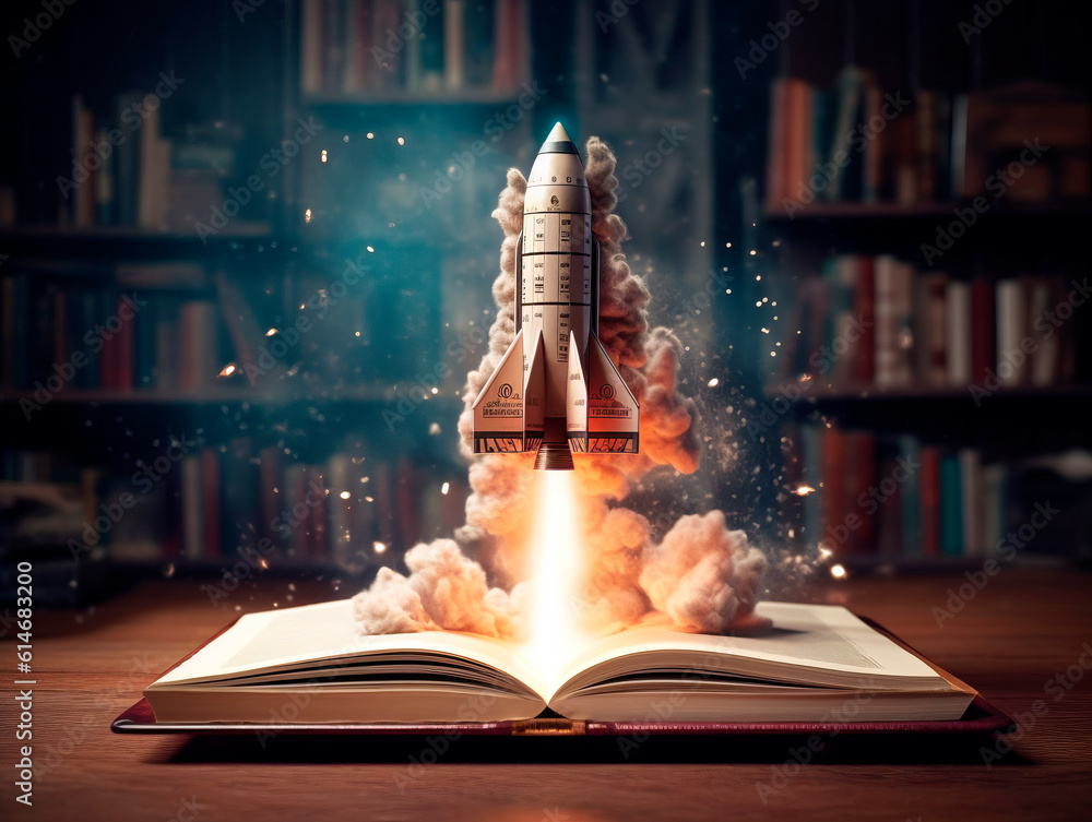 Poster Rocket starts from open book. Spaceship launch from dictionary. Concept of a successful start up of a business. and education. Creative idea. Ai Generative illustration