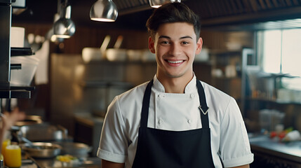 A happy young chef in a fancy restaurant kitchen, with blurry background. Generative AI.