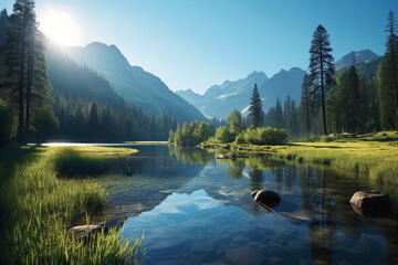 A tranquil mountain lake nestled amidst lush greenery, reflecting the clear blue sky Generative AI