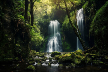 A secluded waterfall hidden in a lush forest, with cascading water creating a soothing sound Generative AI
