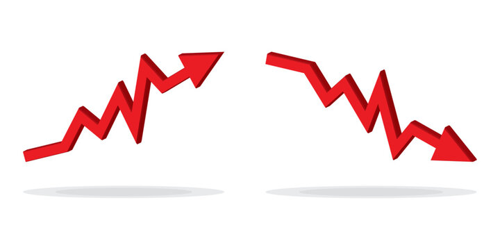3d icon Up and Down sign with red arrows vector. Design vector illustration concept of sales bar chart symbol icon with arrow moving down and sales bar chart with arrow moving up.