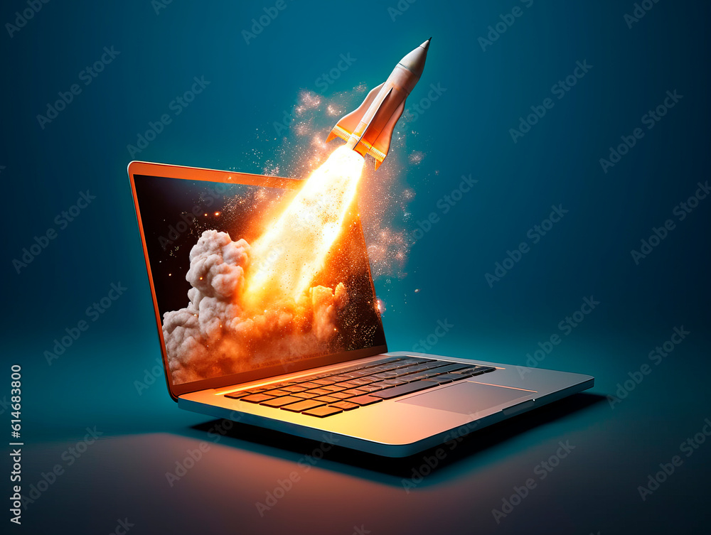 Poster Rocket starts from computer device screen. Spaceship launch from Laptop. Concept of a successful start up of a business. Creative idea, education online. Ai Generative illustration