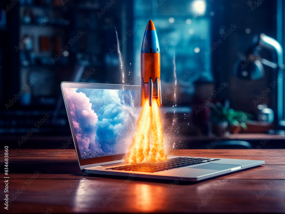 Aufkleber Rocket starts from computer device screen. Spaceship launch from Laptop. Concept of a successful start up of a business. Creative idea, education online. Ai Generative illustration
