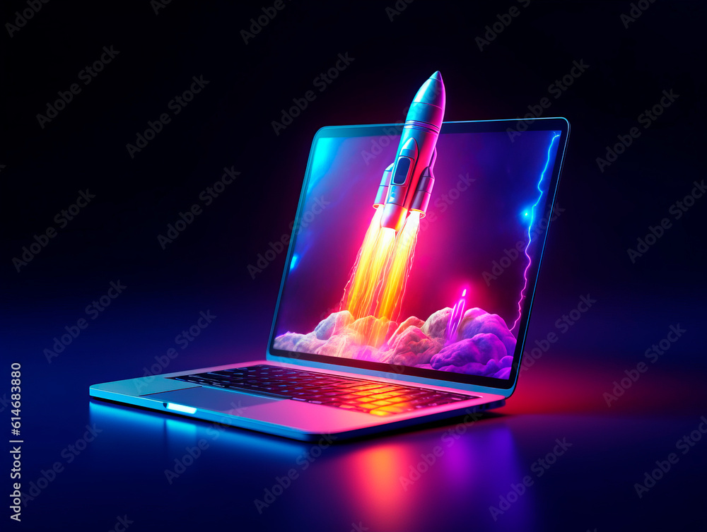 Poster Rocket starts from computer device screen. Spaceship launch from Laptop. Concept of a successful start up of a business. Creative idea, education online. Ai Generative illustration