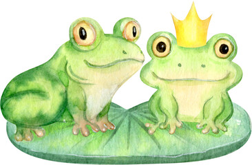 Hand Drawn Watercolor Cute Cartoon Frogs Sitting on a Leaf in a Crown