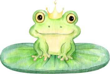 Hand Drawn Watercolor Cute Cartoon Frog Sitting on a Leaf in a Crown