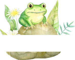 Watercolor Frame With Cute Frog Sitting on a Rock And Daisy Flowers