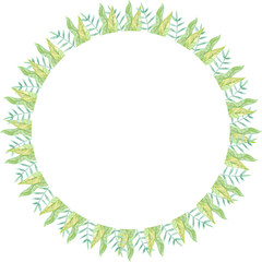 Watercolor Round Frame with Green Leaves