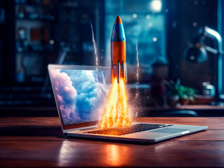 Rocket starts from computer device screen. Spaceship launch from Laptop. Concept of a successful start up of a business. Creative idea, education online. Ai Generative illustration