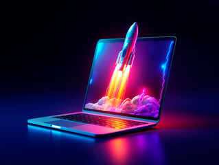 Rocket starts from computer device screen. Spaceship launch from Laptop. Concept of a successful start up of a business. Creative idea, education online. Ai Generative illustration