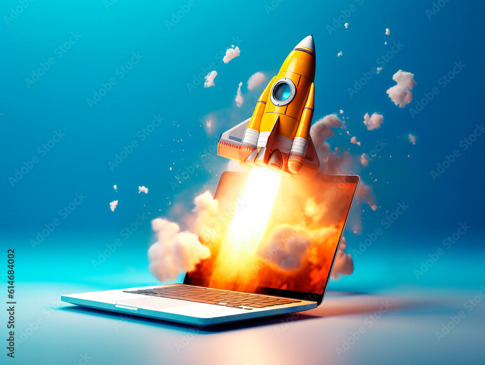 Aufkleber Rocket starts from computer device screen. Spaceship launch from Laptop. Concept of a successful start up of a business. Creative idea, education online. Ai Generative illustration