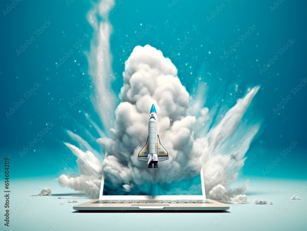 Aufkleber Rocket starts from computer device screen. Spaceship launch from Laptop. Concept of a successful start up of a business. Creative idea, education online. Ai Generative illustration