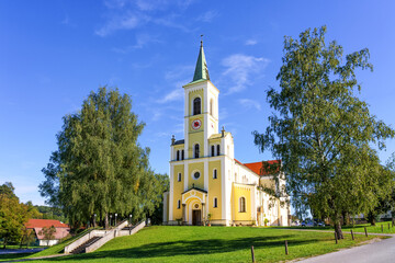 Fototapeta na wymiar Slovenian landscape with a Church of St. cross on the hill in Rogaska Slatina, Slovenia.