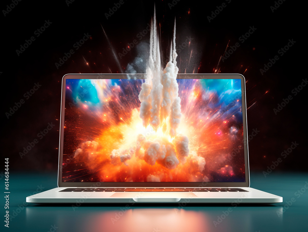 Aufkleber Explosion starts from computer device screen. Launch of new business idea from Laptop. Concept of a successful start up of a business. Education online. Ai Generative illustration