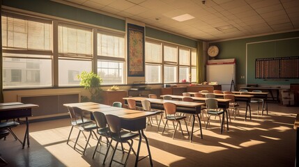 Classic charm: explore the interior of a traditional school classroom with wooden floor and furniture - Back to school concept, Generative AI