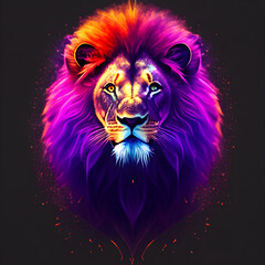 Light neon style art portrait of a lion, Generative AI