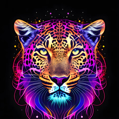 Light neon style art portrait of a leopard, Generative AI