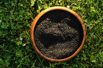 wooden bowl with black cumin seeds stands on a grass