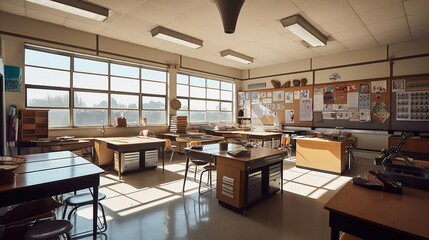 interior of a school - captivating interior: exploring a traditional school classroom with rustic wooden flooring and furniture - education and school concept, Generative AI