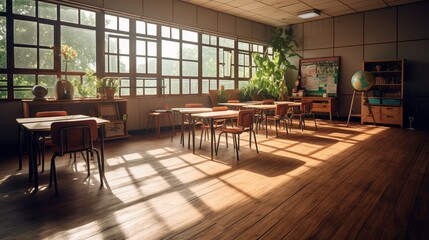 Obraz premium interior of a traditional school classroom with wooden floor and furniture - Back to school concept, Generative AI
