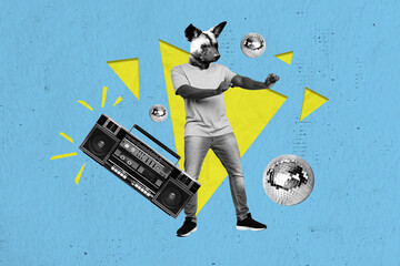 Creative collage photo of young man dancing catch headless hyena rhythm discotheque have fun...