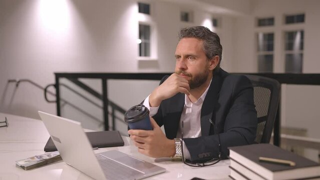 Hyperspace of tired businessman working in office. Speed up video of overworked tired business man. Stressed office worker. Exhausted business man having stress at office. Man feeling tired man.
