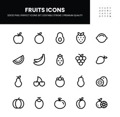 Fruits icons set in 32 x 32 pixel perfect with editable stroke