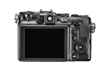 Black digital compact photo camera with blank LCD and buttons. Rear view, isolated. Transparent PNG image.