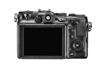 Black digital compact photo camera with blank LCD and buttons. Rear view, isolated. Transparent PNG image.