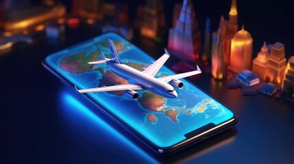Use mobile phone to buy air tickets and fly to travel illustration