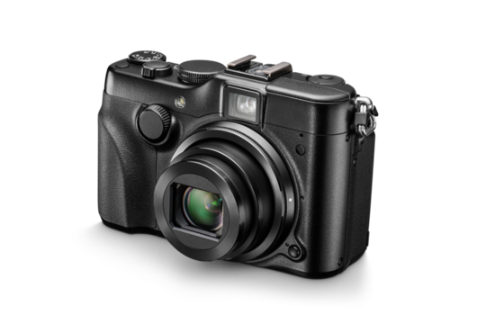Black digital compact photo camera with open lens. Front view, isolated. Transparent PNG image.