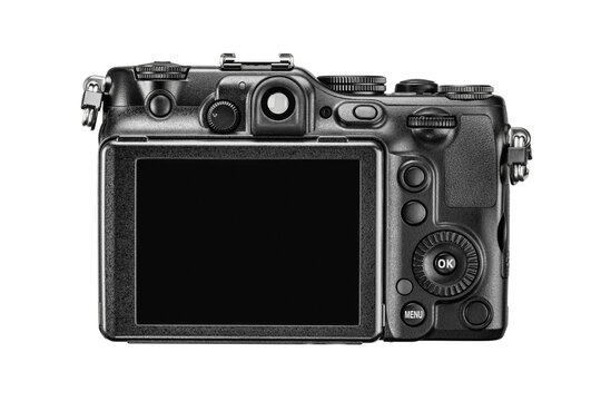Black digital compact photo camera with blank LCD and buttons. Rear view, isolated. Transparent PNG image.