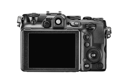 Black digital compact photo camera with blank LCD and buttons. Rear view, isolated. Transparent PNG image.